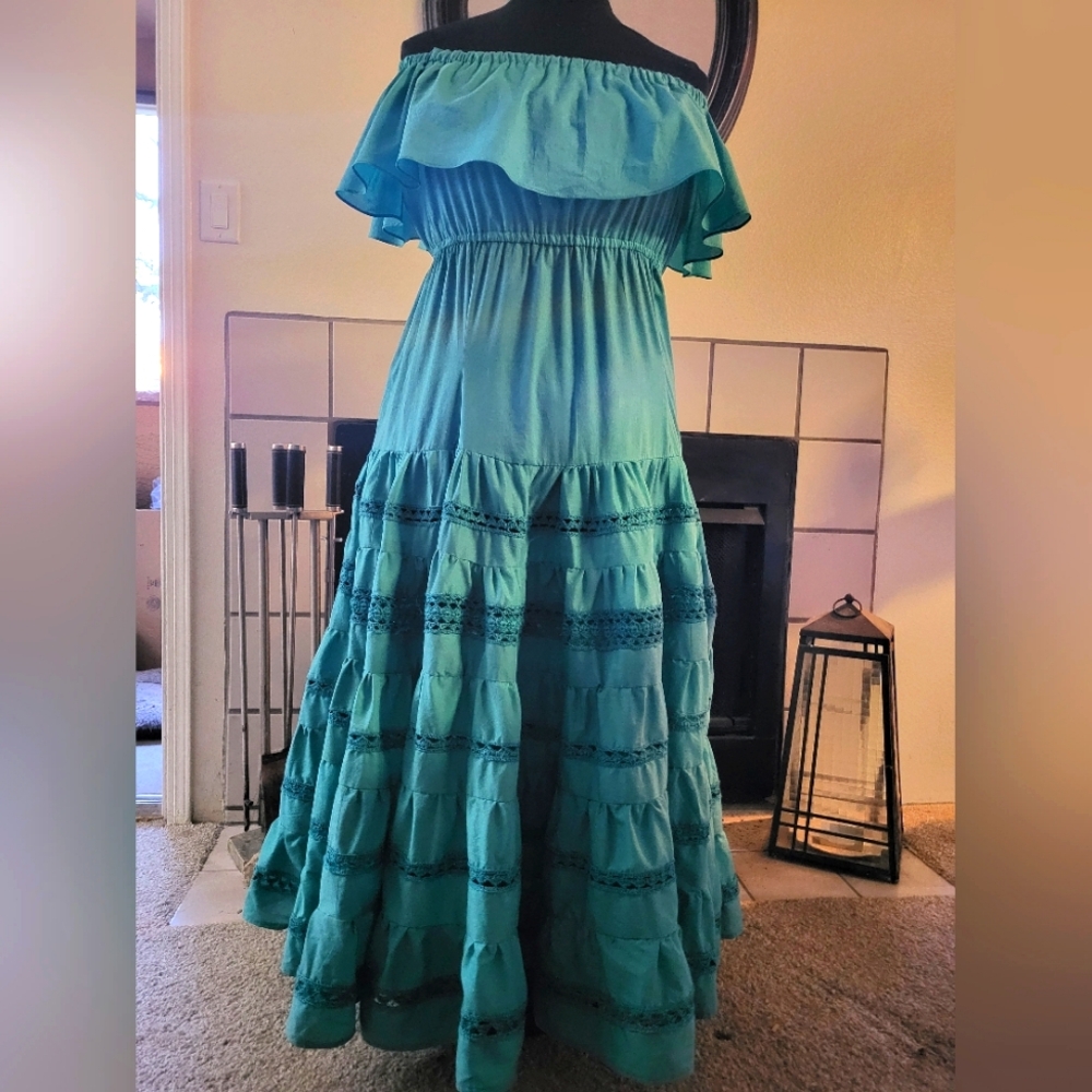 XL teal off the shoulder dress 100% cotton handmade with crochet lace inserts